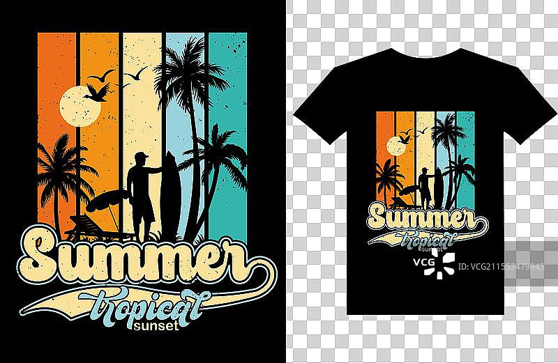 夏季热带日落的T恤设计图片素材