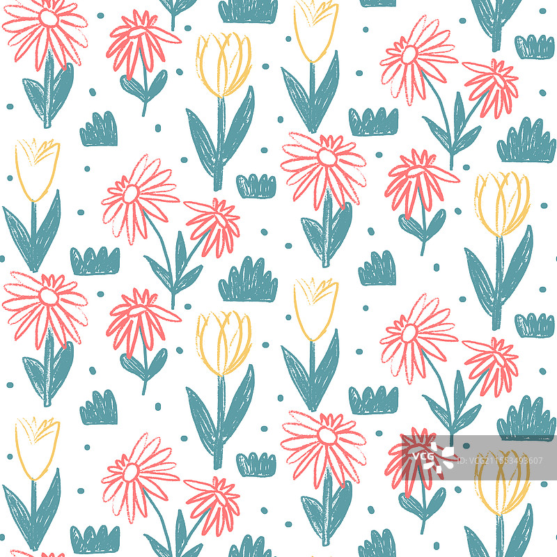 彩色蜡笔画的花卉无缝图案图片素材