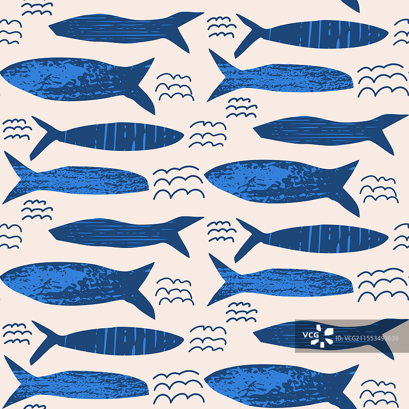 蓝色纹理的沙丁鱼无缝图案图片素材
