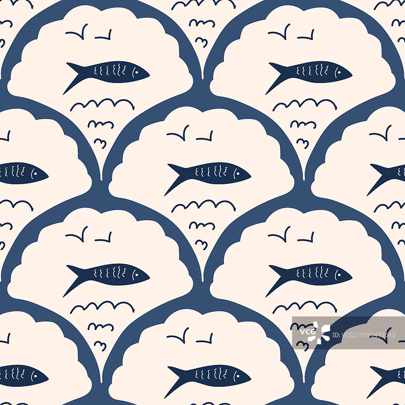 鱼类扇贝无缝图案沙丁鱼印章图片素材