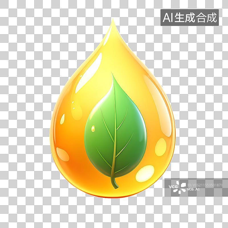 【AI数字艺术】3D渲染，黄色水滴和叶子，环境保护，茶树油，食用油，草本植物精油，天然美妆免抠元素图片素材