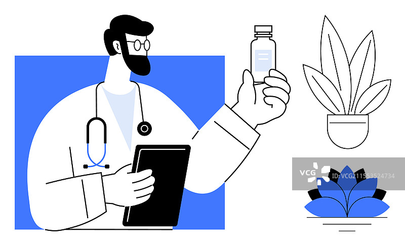 医生用数字设备检查药瓶图片素材