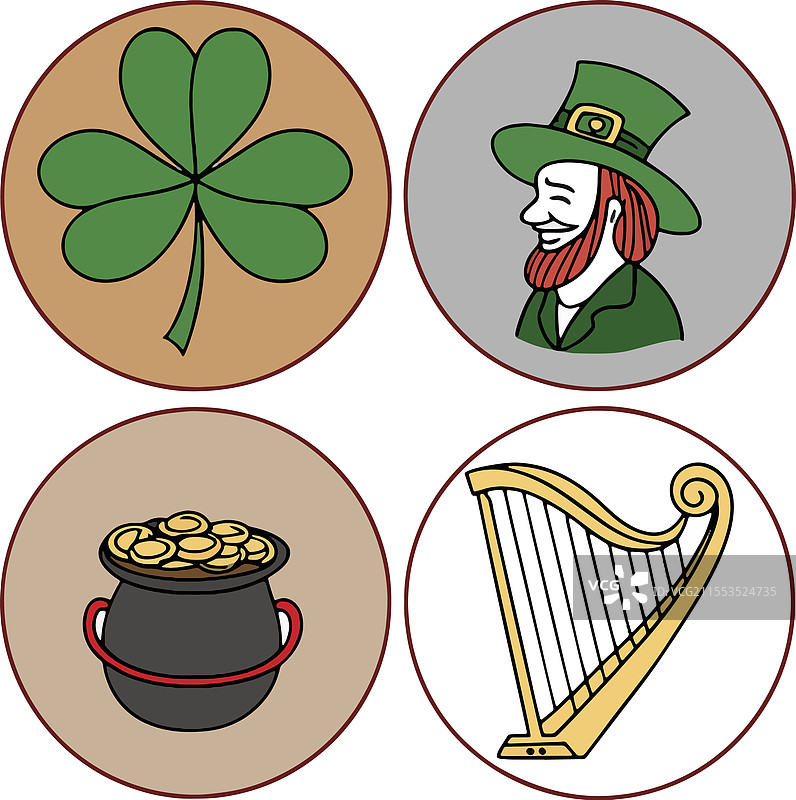 圣帕特里克节图标集：三叶草和小精灵图片素材