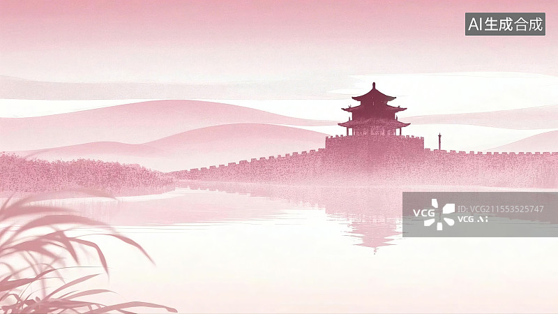 【AI数字艺术】粉韵古风亭台湖景图图片素材