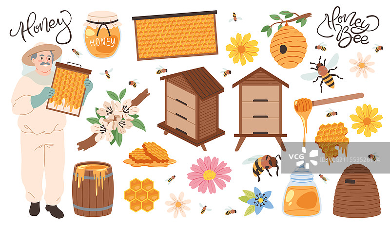 有趣的卡通养蜂场元素与养蜂人图片素材