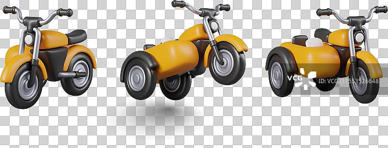 不同位置的带侧车的三轮车图片素材