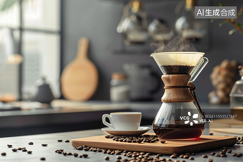 【AI数字艺术】放在砧板上的手冲滴滤咖啡图片素材