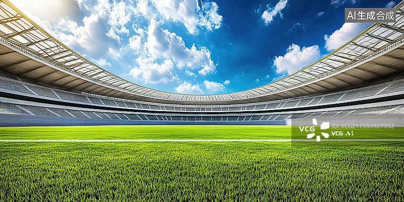 【AI数字艺术】三维渲染低视角空旷的大型足球场和绿色的草坪图片素材
