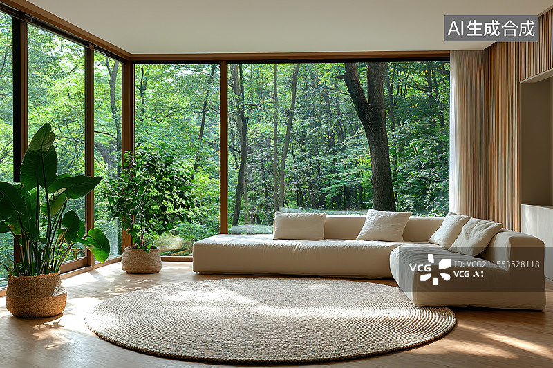 【AI数字艺术】开满绿植的温馨起居室室内空间图片素材
