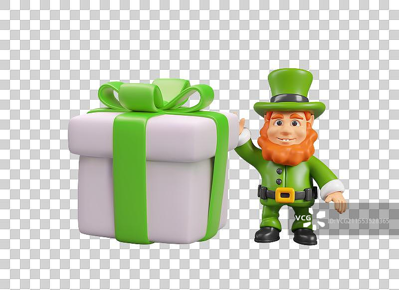 微笑的小精灵触摸着一个巨大的礼品盒，上面系着丝带图片素材