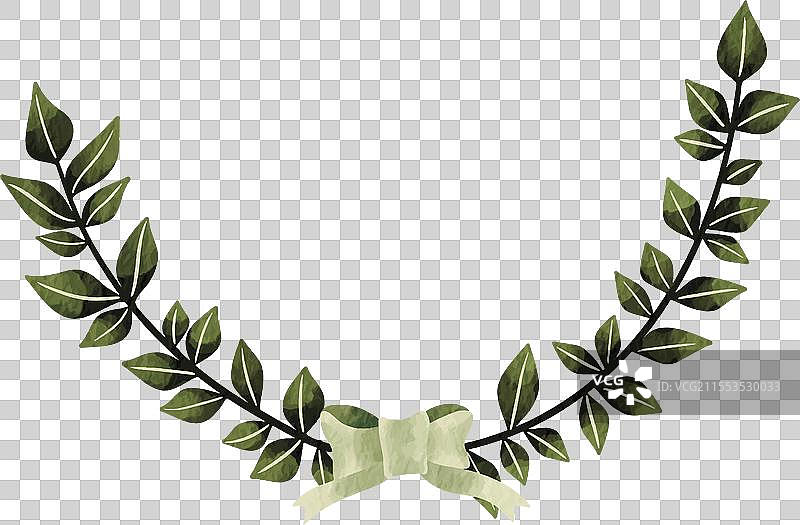 绿色叶子花环与蝴蝶结的水彩画图片素材