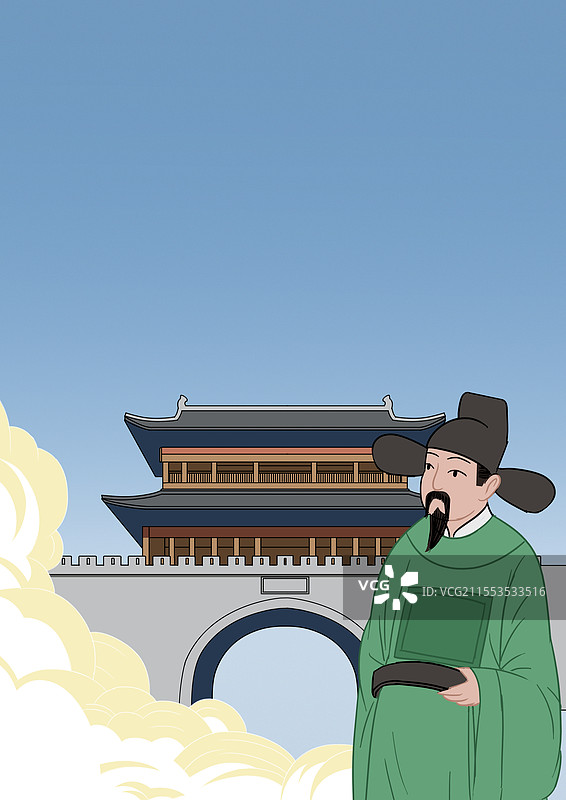 中国风新中式古风古典传统文化古装古人古代古时候历史文化传统国学经典荆州古城墙古城楼张居正明代插画图片素材