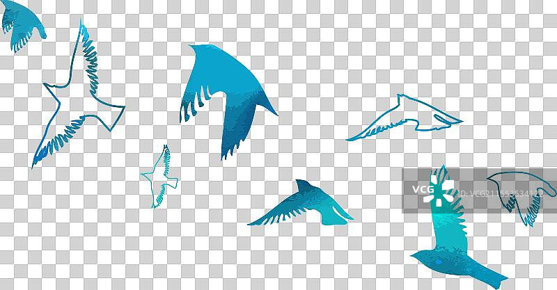 一群蓝色水彩飞鸟的手绘作品图片素材