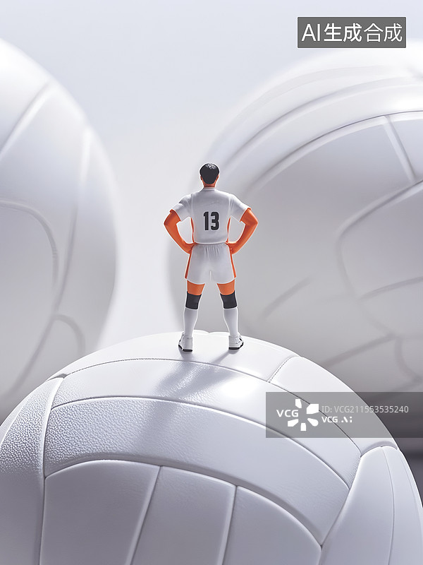 【AI数字艺术】巨大的排球上，穿着运动员服装的小人在思考，准备拦网扣球图片素材