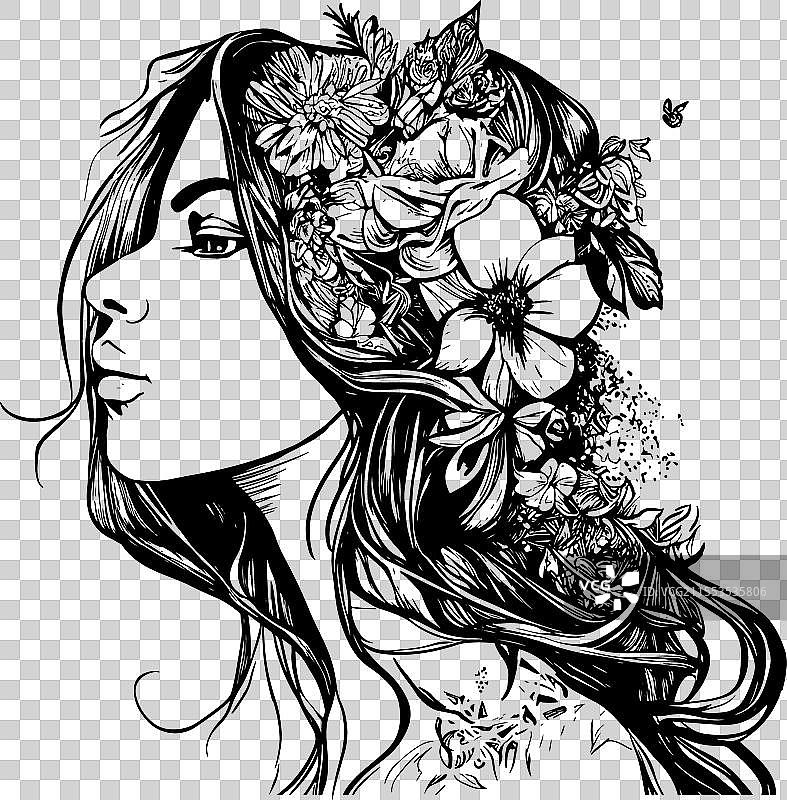 涂鸦女孩头发中插着野花图片素材