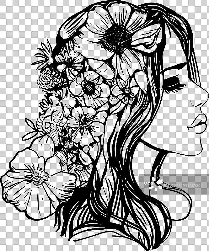 插花女孩涂鸦图图片素材