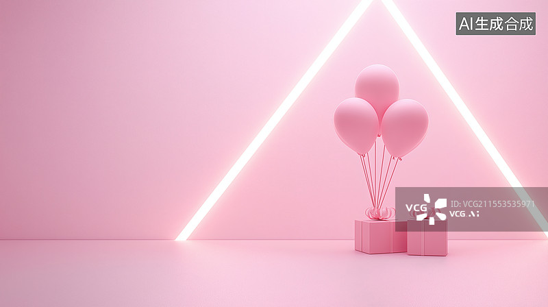 【AI数字艺术】粉色气球与礼盒的温馨场景图片素材