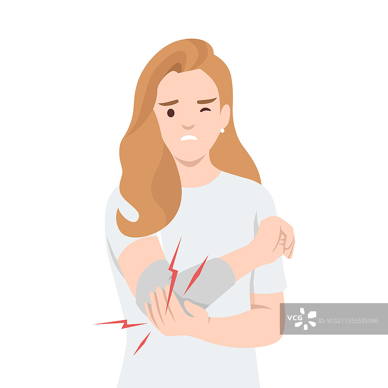 女人用手臂捂住明显疼痛的地方，伴有红色。图片素材