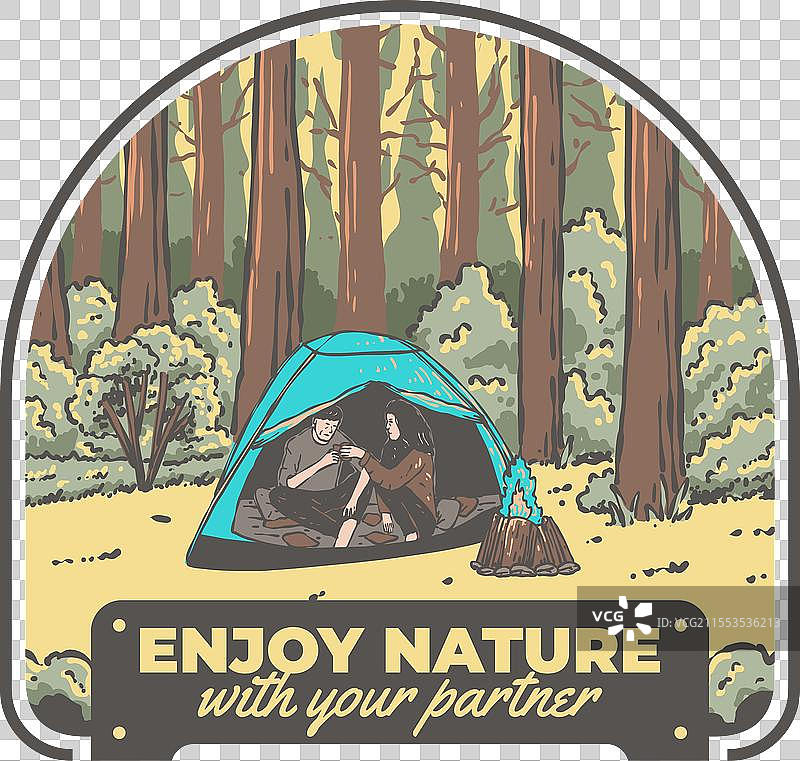 与伴侣在大自然中露营的复古户外场景图片素材