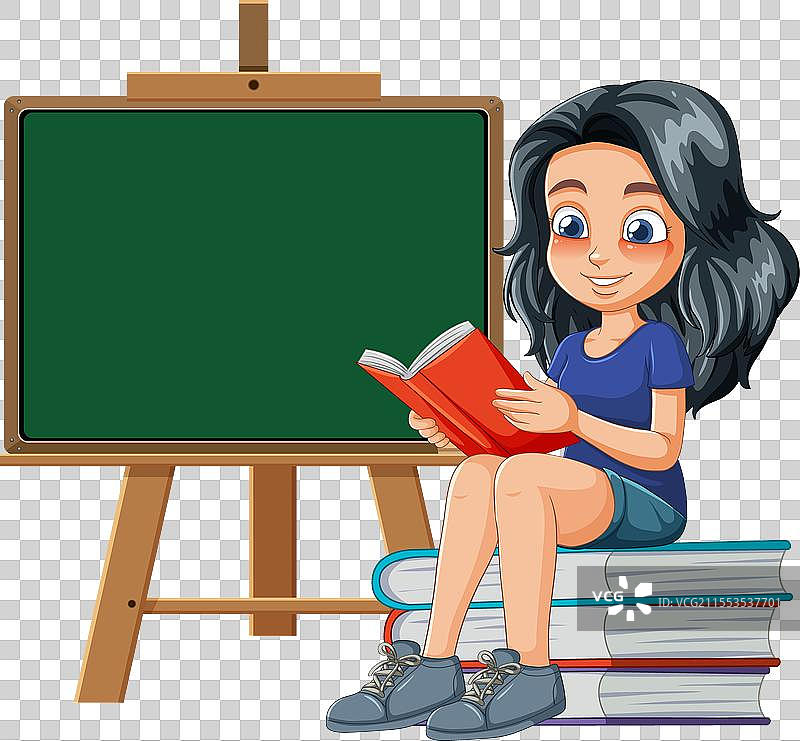 卡通女孩在黑板和书籍旁边阅读图片素材