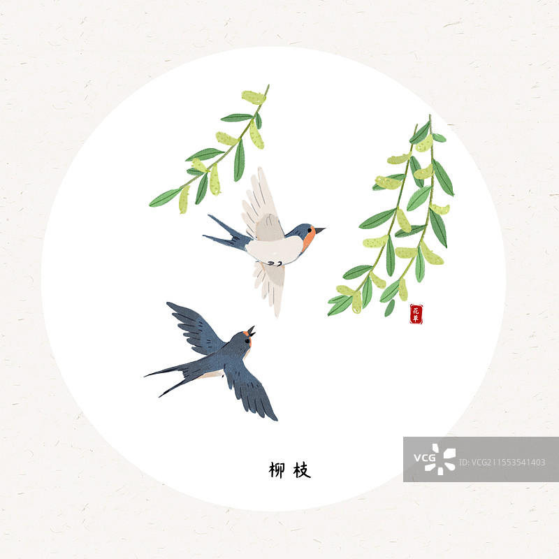 小燕子和柳树叶插画圆形海报设计模板图片素材