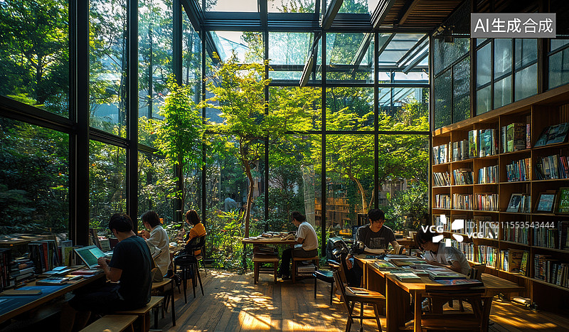【AI数字艺术】一个现代化的图书馆，拥有大面积的落地窗，窗外是茂密的森林。图片素材