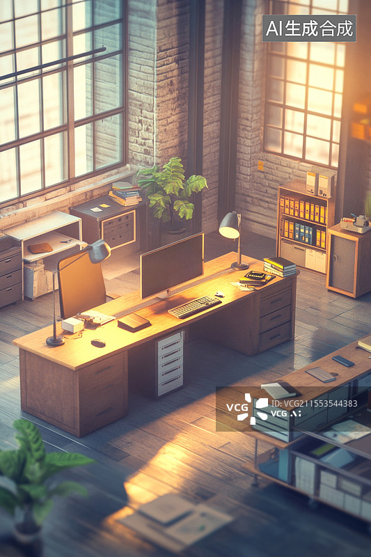 【AI数字艺术】现代办公室书房电脑桌等距透视图图片素材