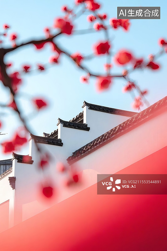 【AI数字艺术】红梅映白墙尽显中式雅韵图片素材