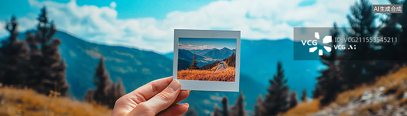 【AI数字艺术】手持照片定格山间美好风光图片素材