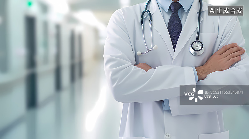 【AI数字艺术】身着白大褂双臂交叉的医生图片素材