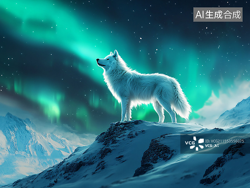 【AI数字艺术】极光下的雪原狼图片素材