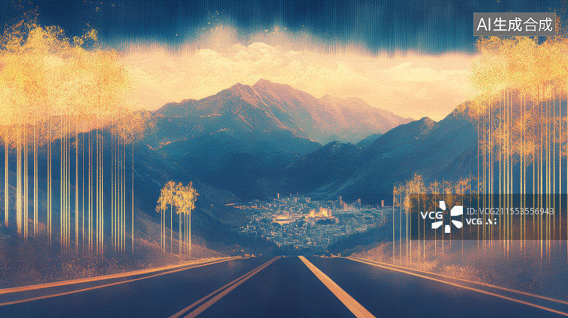 【AI数字艺术】未来城市山脉与公路结合艺术图片素材