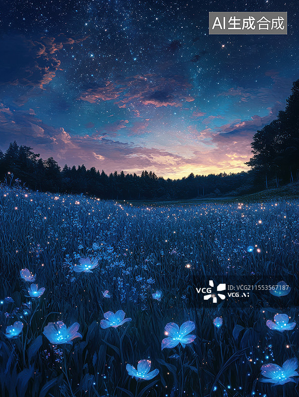 【AI数字艺术】夏天星空下的梦幻花田图片素材