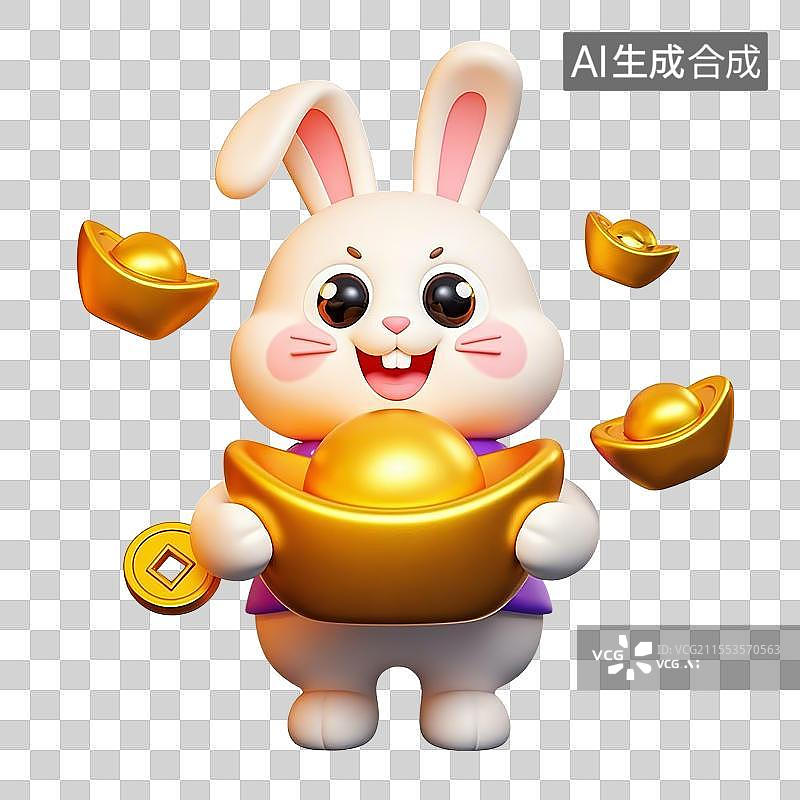 【AI数字艺术】十二生肖-财富兔抱着金元宝图片素材