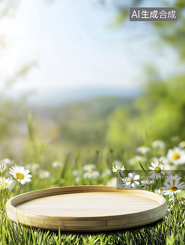 【AI数字艺术】春天户外木质盘子展台背景图片素材