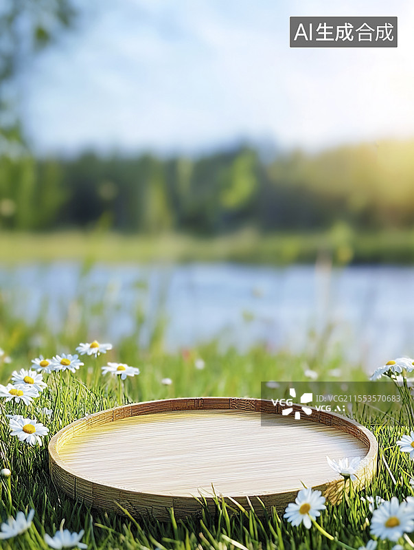 【AI数字艺术】春天户外木质盘子展台背景图片素材