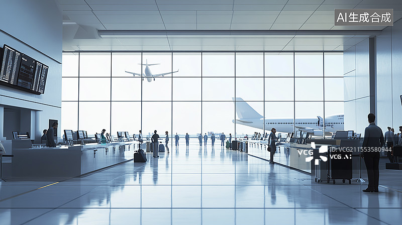 【AI数字艺术】机场航站楼行李箱和飞机图片素材