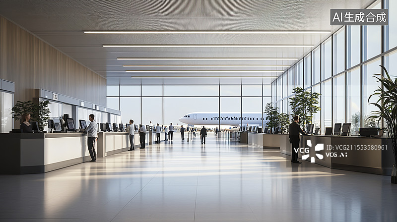 【AI数字艺术】机场航站楼行李箱和飞机图片素材