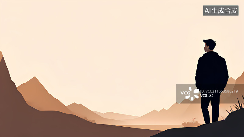 【AI数字艺术】眺望远山的人棕色背景壁纸插画图片素材