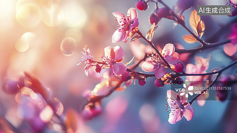 【AI数字艺术】春天花园里盛开的桃花特写镜头图片素材