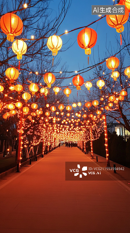 【AI数字艺术】中国元宵节系列插画张灯结彩的街道图片素材