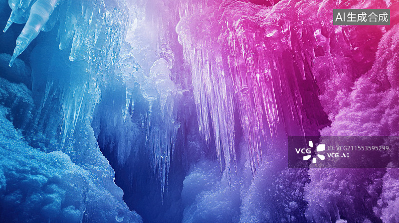 【AI数字艺术】二十四节气系列插画之大寒时节彩色的冰川冰洞图片素材
