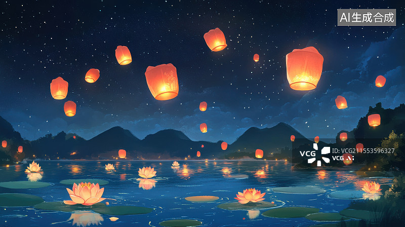【AI数字艺术】中国传统孔明灯中秋节中元节习俗图片素材