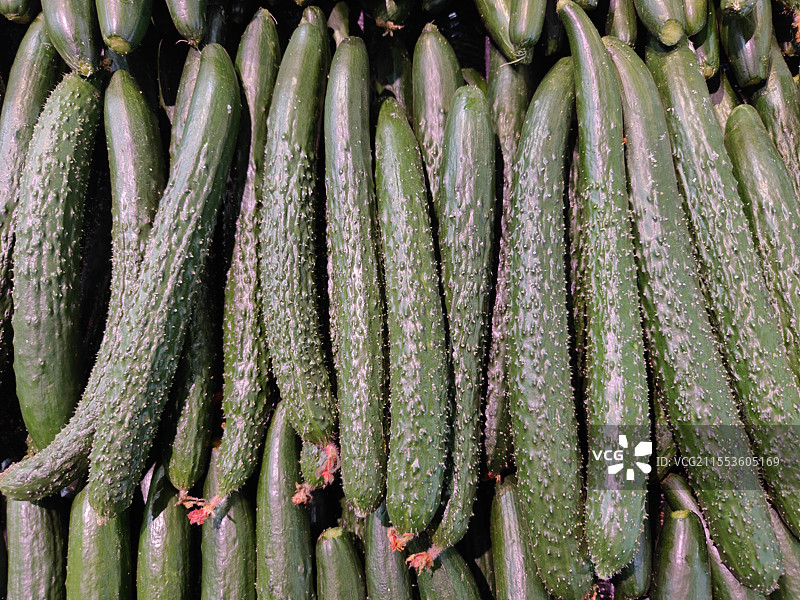 摆成一排顶带花的黄瓜图片素材