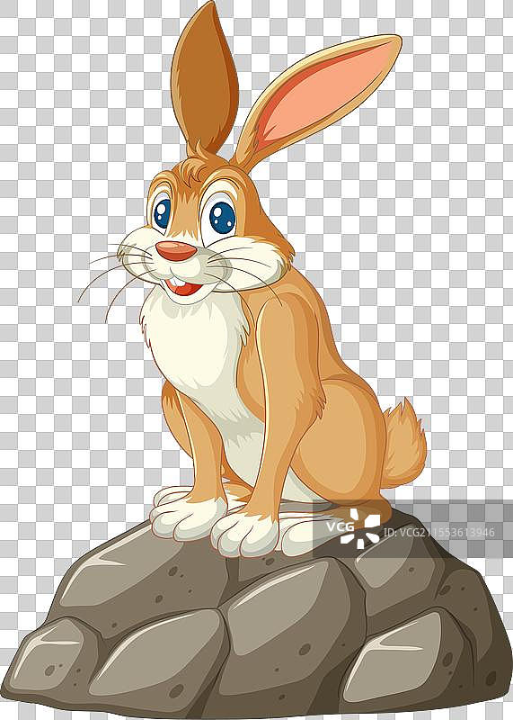 一只快乐的卡通兔子坐在石头上图片素材