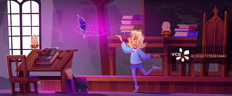 魔法学校的教室里有一个女孩和一根飞舞的羽毛图片素材