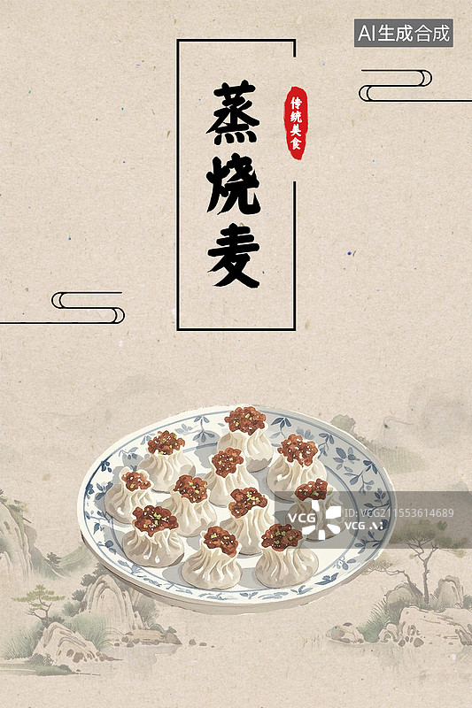 【AI数字艺术】蒸烧麦传统美食海报设计模版图片素材