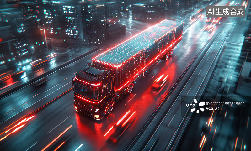 【AI数字艺术】科技感粒子光线货车物流运输概念场景图片素材