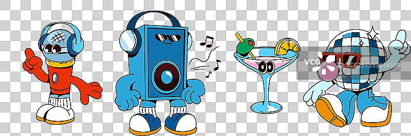 复古音乐和迪斯科派对卡通角色组合图片素材