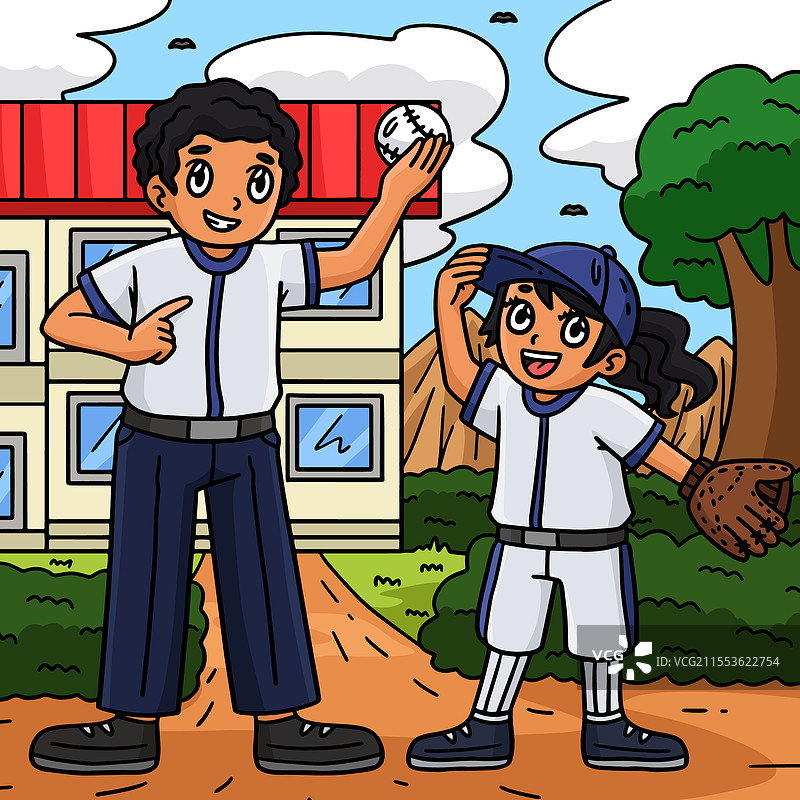 棒球女孩运动员与家长的彩色卡通图像图片素材